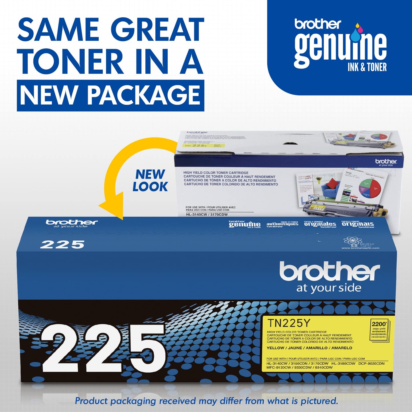 Brother original TN225Y High-Yield Yellow Toner Cartridge, higher yield for value, original toner replacement cartridges, toner for Brother laser printers HL-3140CW, HL-3170CDW, MFC-9130CW, and more