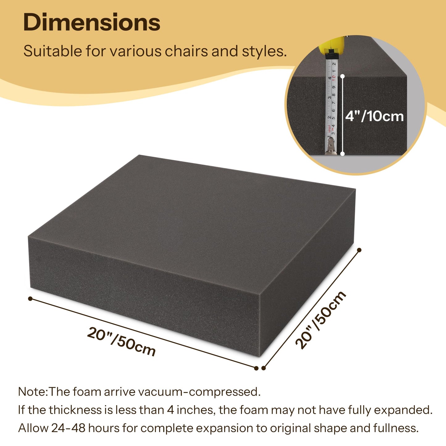 FlyGulls 20X20X4 Inch High-Density Upholstery Foam Padding Thick Couch Cushion Replacement Sofa Foam Cushion Replacement Cut to Any Size for Bench, Stool, Window Seat Pads, Dining Chair Pads