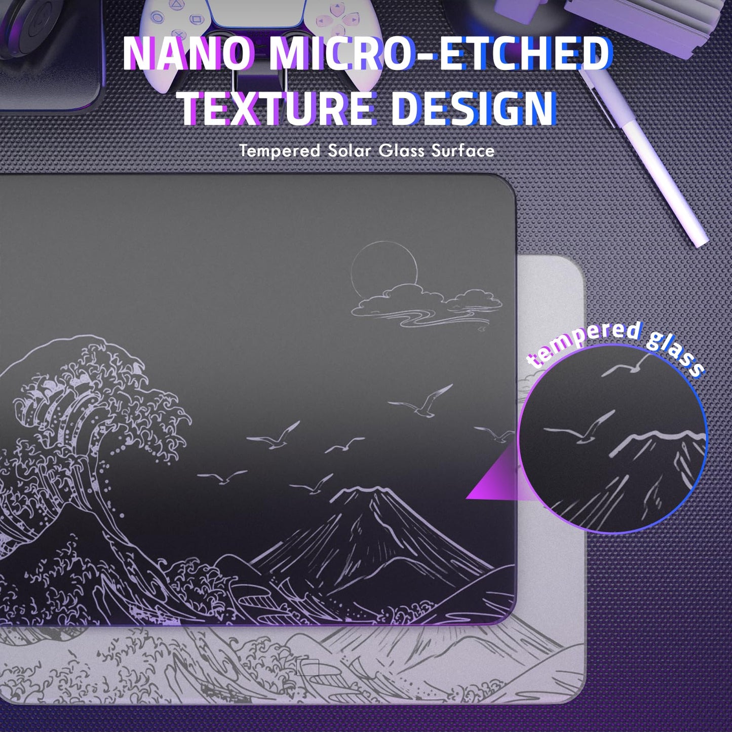 ATTACK SHARK CM05SE Glass Gaming Mouse Pad, 16.14x12.20x0.2in Mouse Mat, Non Slip 9H Hard Mousepads, Nano-Textured Glass Surface with Improved Precision and Speed for FPS Players-Black Wave