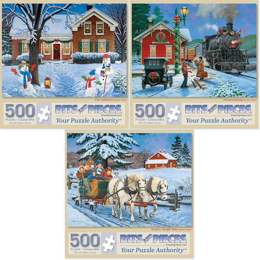 Bits and Pieces - Value Set of Three (3) 500 Piece Jigsaw Puzzles for Adults - Puzzles Measure 18" x 24" (46 cm x 61 cm) – Greeters Family Sleigh Ride Holidays Snowmen Christmas Jigsaws by John Sloane