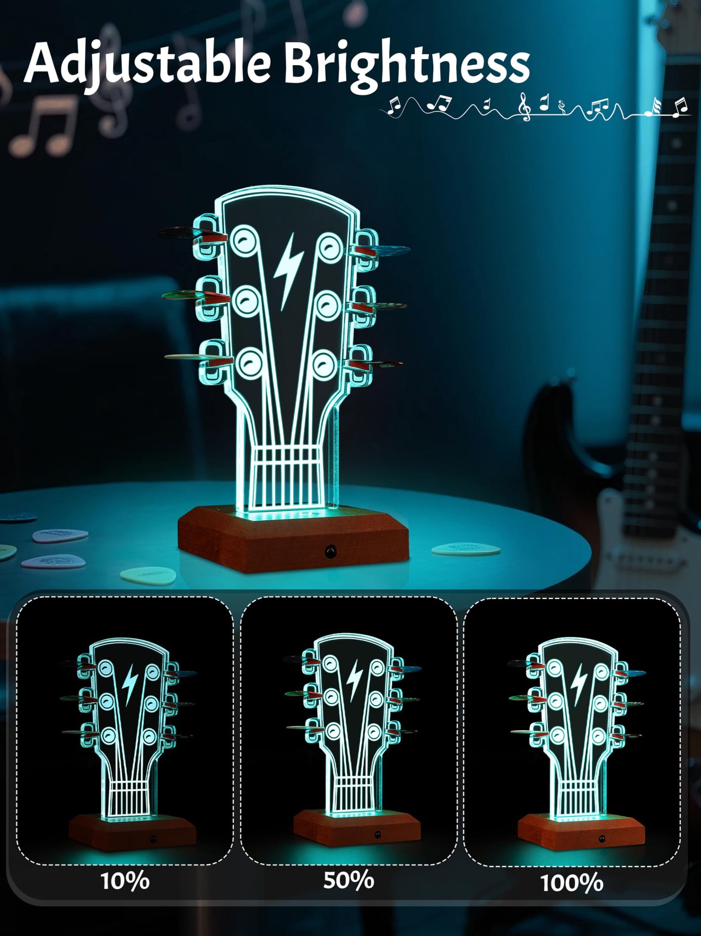 CoolGift Mart Light Up Guitar Pick Holder, Acrylic Wooden Guitar Headstock Shaped Pick Holder with 16 Color Lights for Picks Storage and Display, Gift for Guitarists