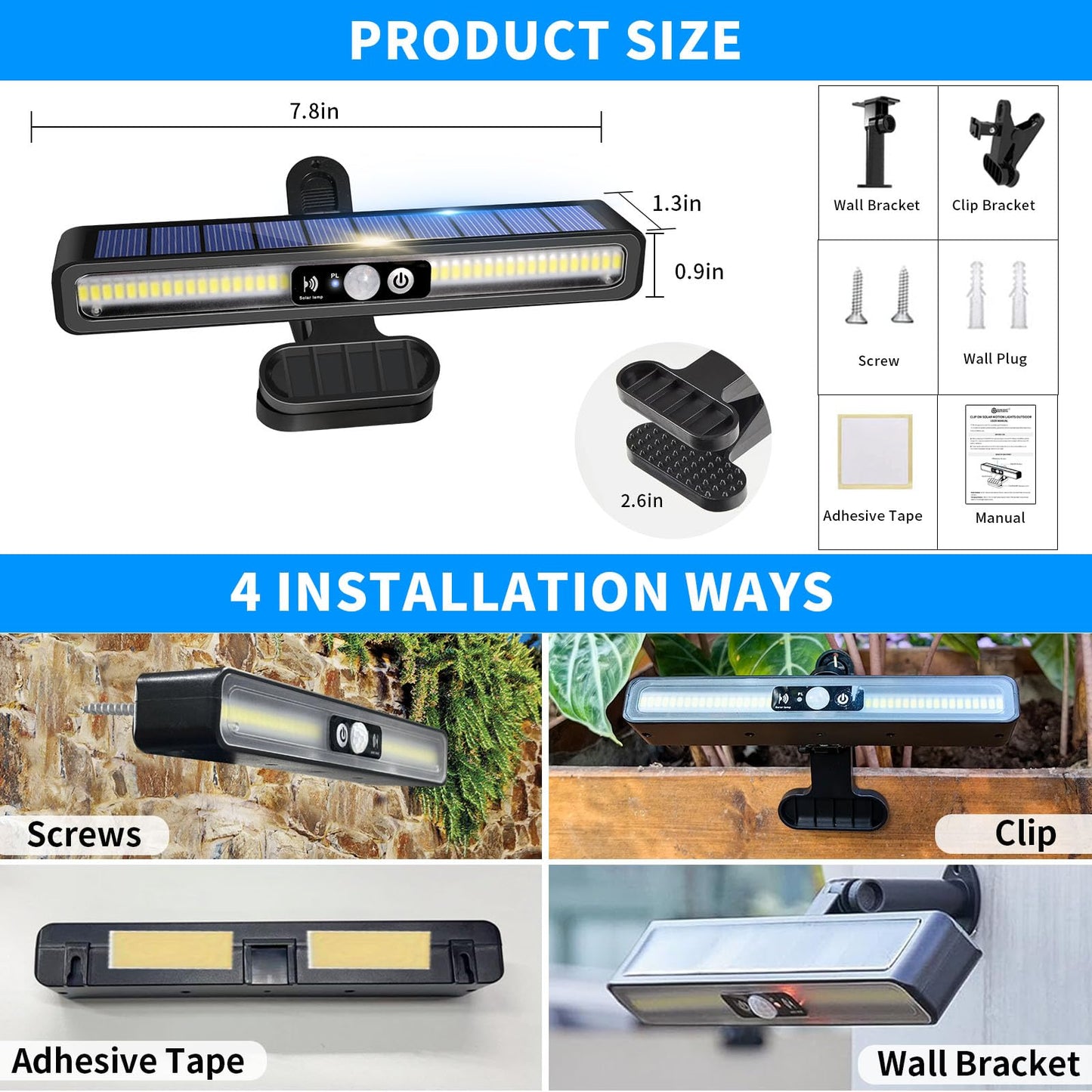 Outdoor Solar Lights, 4 Pack Clip On Solar Motion Lights Outdoor Waterproof, Solar Fence Lights Outside with 36 LEDs, 6000K Portable Solar Powered Security Light for Fence Garage Camping Driveway