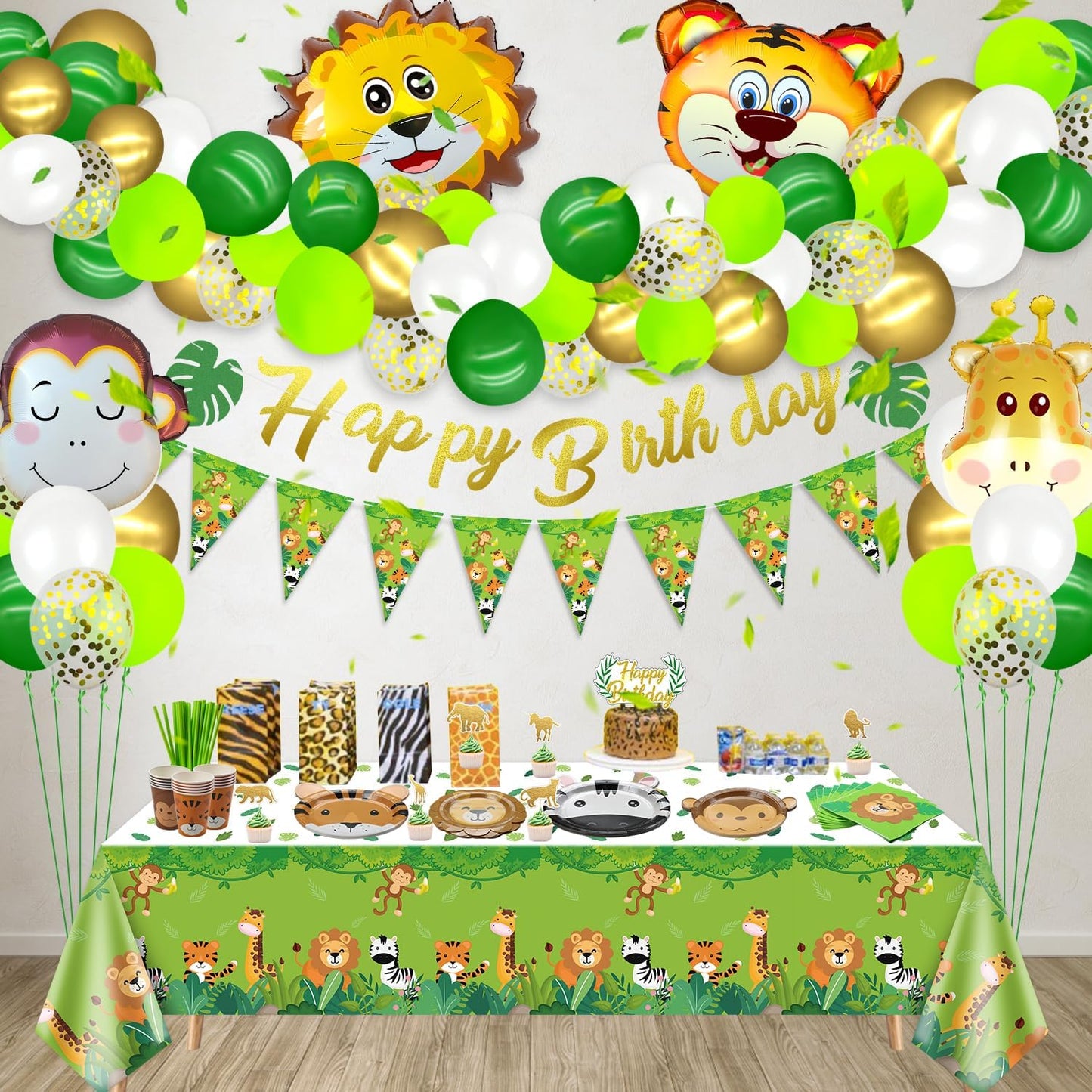 Jungle Safari Birthday Party Decorations, Animal Paper Plates, Safari Tablecloth, Animal Balloons, Happy Birthday Banner, Napkins, Animal Cups, Jungle Animal Birthday Decorations for Boys Kids