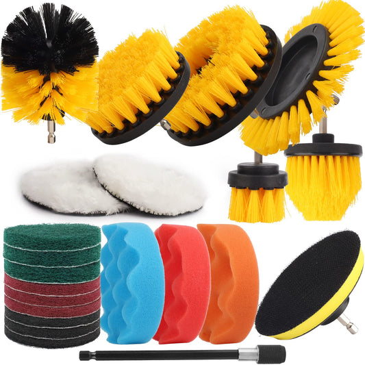 22 Pcs Drill Brush Set, Drill Scrubber Brush Kit Includes All Purpose Drill Brush, Scrub Pads & Sponge with Extend Attachment, Buffing Pads for Car Surfaces