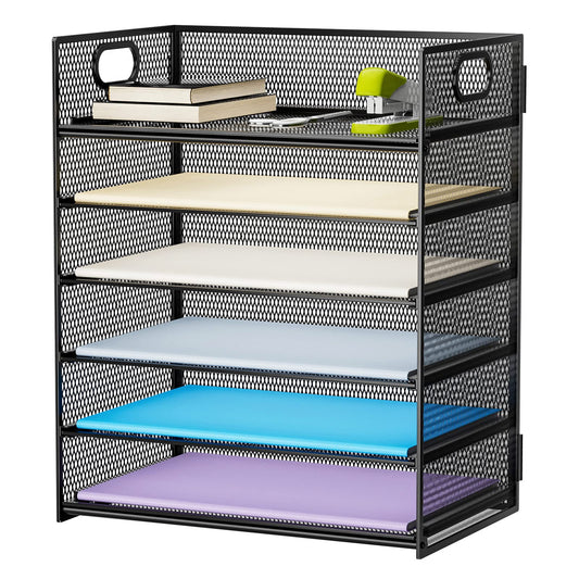 Marbrasse 6 Tier Desk Organizer, File Organizer with Handle, Mesh A4 Paper Organizer, Letter Tray for Office, Home or School (Black)
