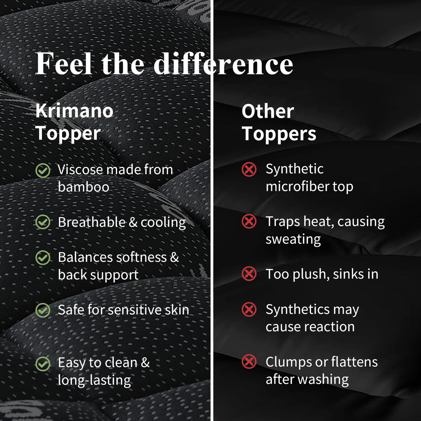 KRIMANO Full Mattress Topper, Viscose Derived from Bamboo Thick Pillow Top Mattress Pad with Deep Pocket, Naturally Cooling for Hot Sleepers, Soft for Back Pain Relief, Premium Dark Grey
