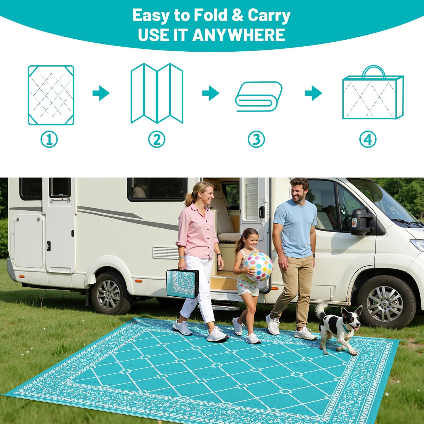 HEBE 8x10 Outdoor Rug Waterproof, Reversible Outdoor Area Rug, Portable Plastic Outside Rug Carpet, Geometric RV Camping Rug Mat for Patio Picnic Backyard Deck Balcony Porch Beach Trailer, Teal