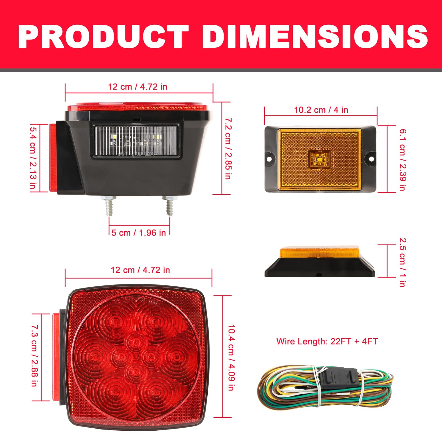 PEAKTOW Deluxe 12V LED Submersible Trailer Light Kit, Brake, Stop, Turn, Tail, License Plate Lights, IP68 Waterproof, DOT Compliant. PTL0108