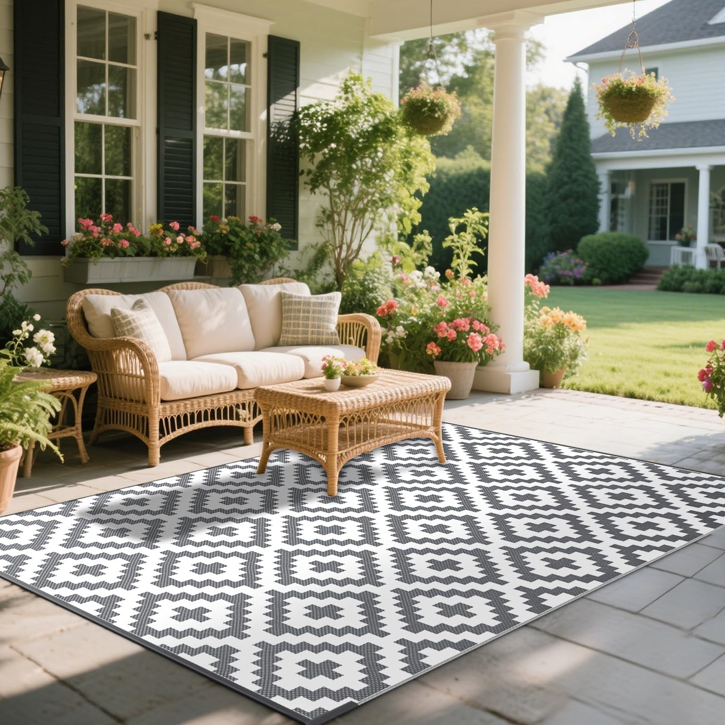 Mokani Reversible Outdoor Rug 5x8ft Waterproof, Geometric Anti-Slip Plastic Straw Outdoor Carpet Mat, UV Resistant Patio Rugs Tapis Exterieur for Garden, RV, Deck, Camping, Picnic