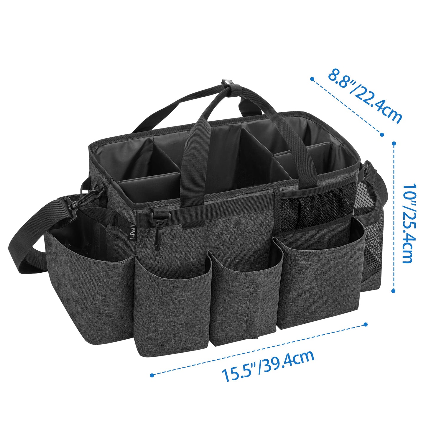 LoDrid Wearable Cleaning Caddy Bag with 4 Foldable Dividers, Tote Organizer with Shoulder Strap and Side Handles for Cleaners & Housekeepers, Black, Bag Only