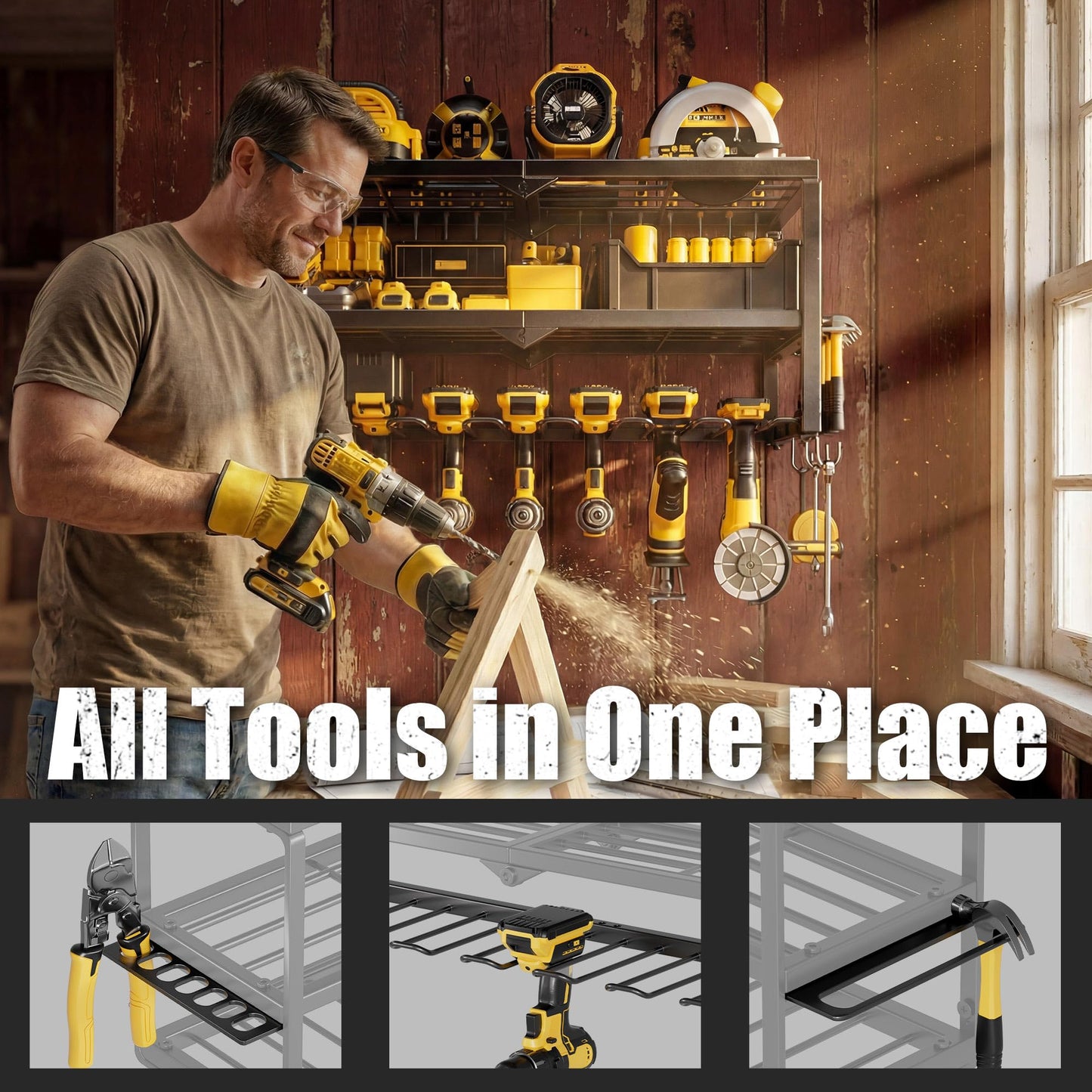 Amoowis All-in-One Wall Mount Tool Organizer for Garage, Heavy Duty 3-Layer Metal Tool Rack, 320LBS Capacity with 7 Cordless Drill Holders & Battery Storage, Fits Most Power Tools