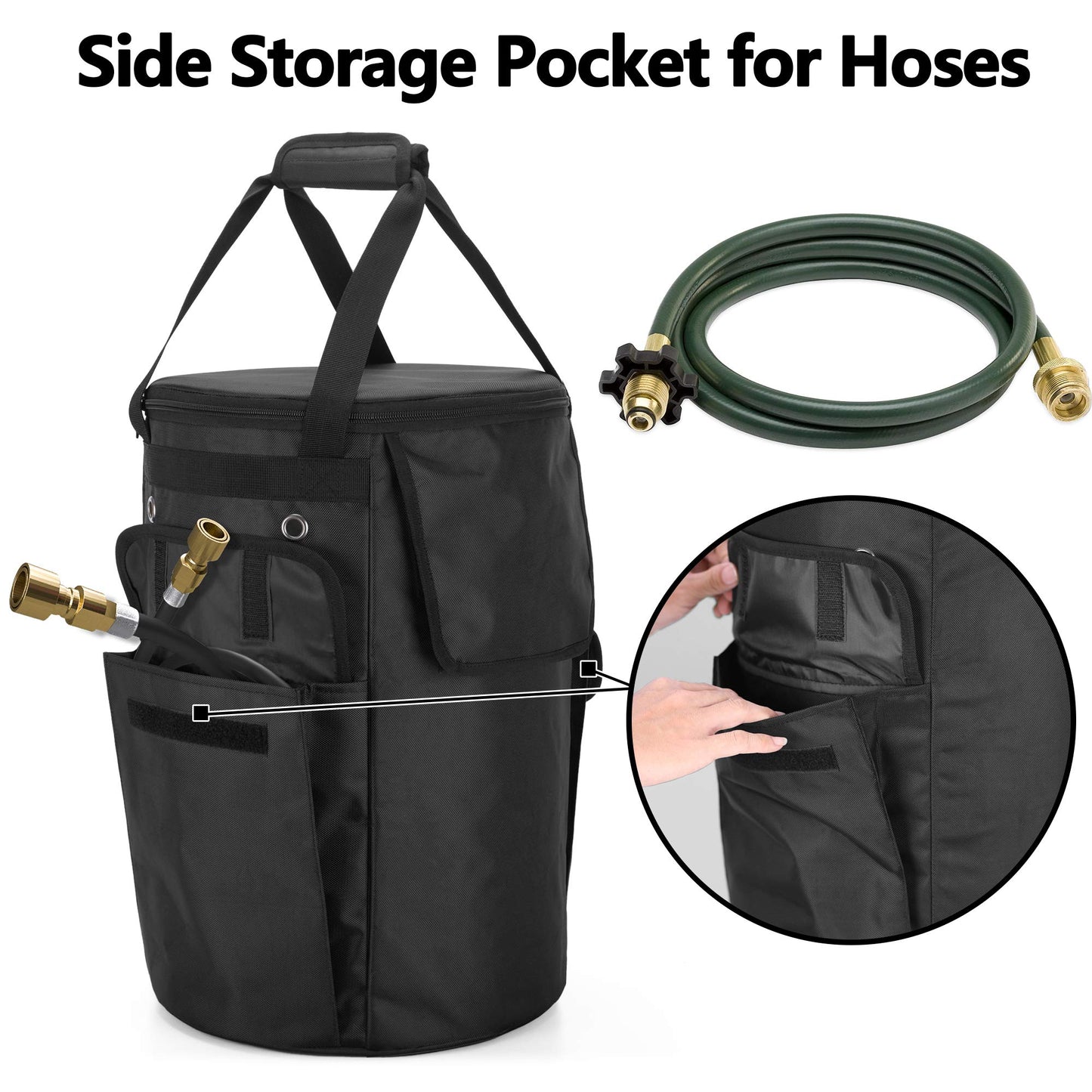 SAMDEW Propane Tank Cover, 20 lb Propane Tank Gas Bag with Side Flip Flap and Stable Tabletop Feature, 2 Storage Pockets, Ventilated with 4 Holes, Water & Wear Resistant, Black, Bag Only