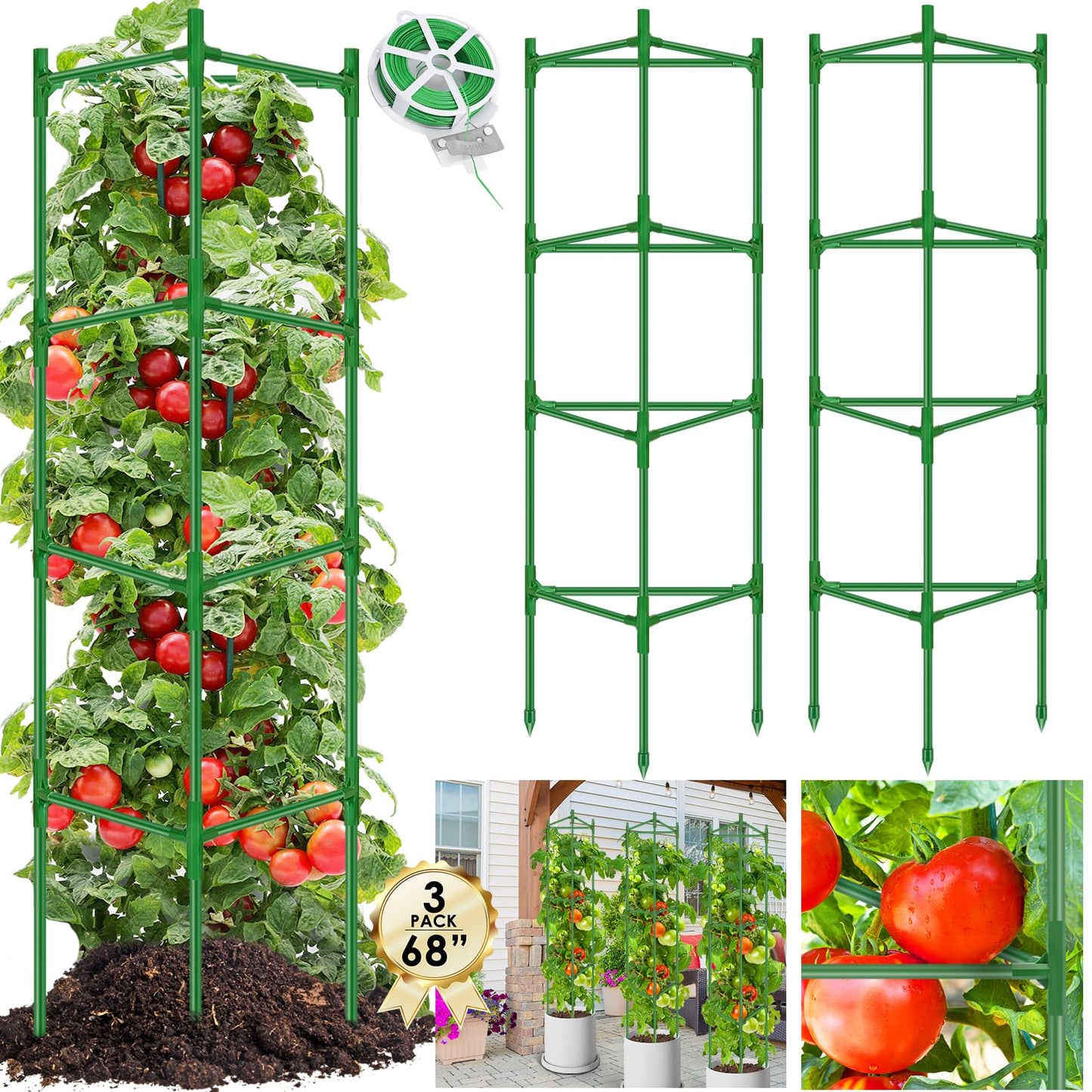 Tomato Cages for Garden 3 Packs - Heavy Duty Steel Tomatoes Cage Tall Up to 68in & 164Ft Twist Tie, Tomato Plant Stakes Support Cages Trellis for Pots Garden Vegetable Climbing Plants Outdoor