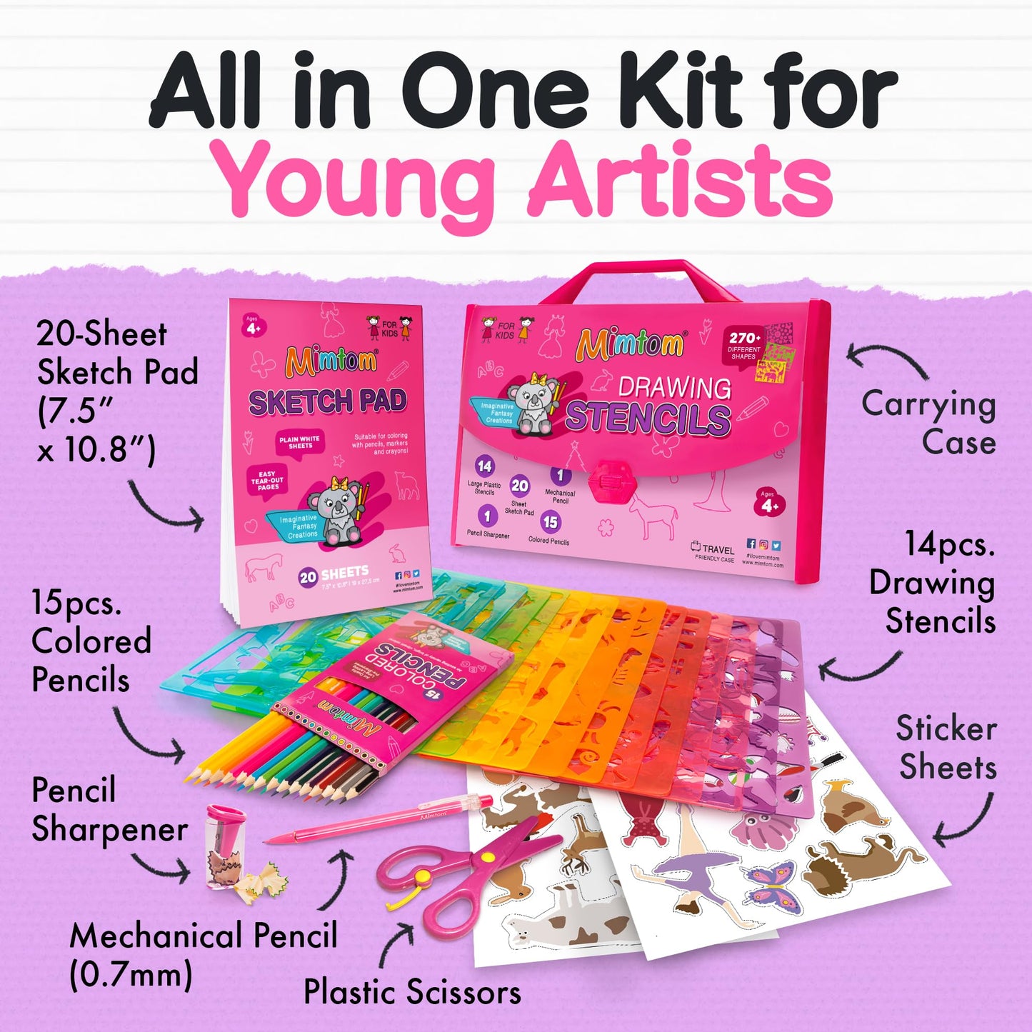 Mimtom Drawing Stencils Set for Kids and Girls | 51 PC Arts and Crafts Stencil Kit with Over 270 Shapes to Unleash Your Child's Creative Mind | Kid-Safe Educational Activity Toy for Ages 4 & Up
