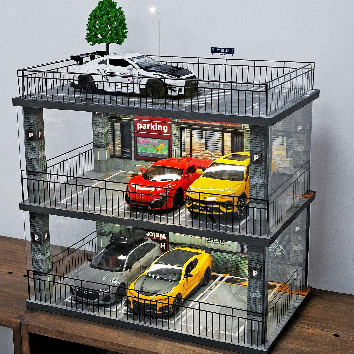 kivcmds Model Car Display Case 1:24 Scale Diecast Cars Diorama Garage Parking lot Collectibles Alloy Car Model Showcase Box Dustproof Storage Shelf with Lights