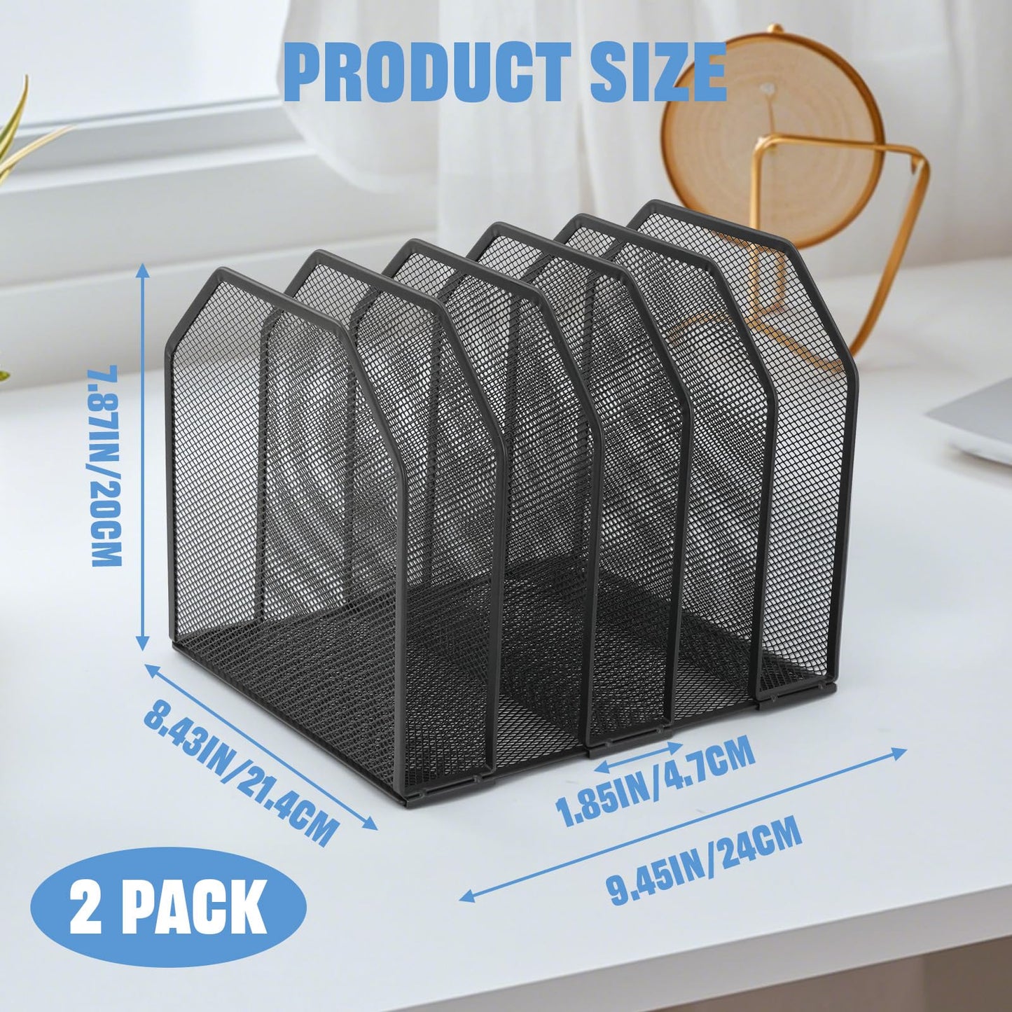 RUITENG 2 Pack Mesh File Sorter Organizer for Desktop, 5-Section Black Metal Vertical Desk File Organizer, Adjustable Upright Bookshelf File Holder Stand for Office Home Classroom Documents Books