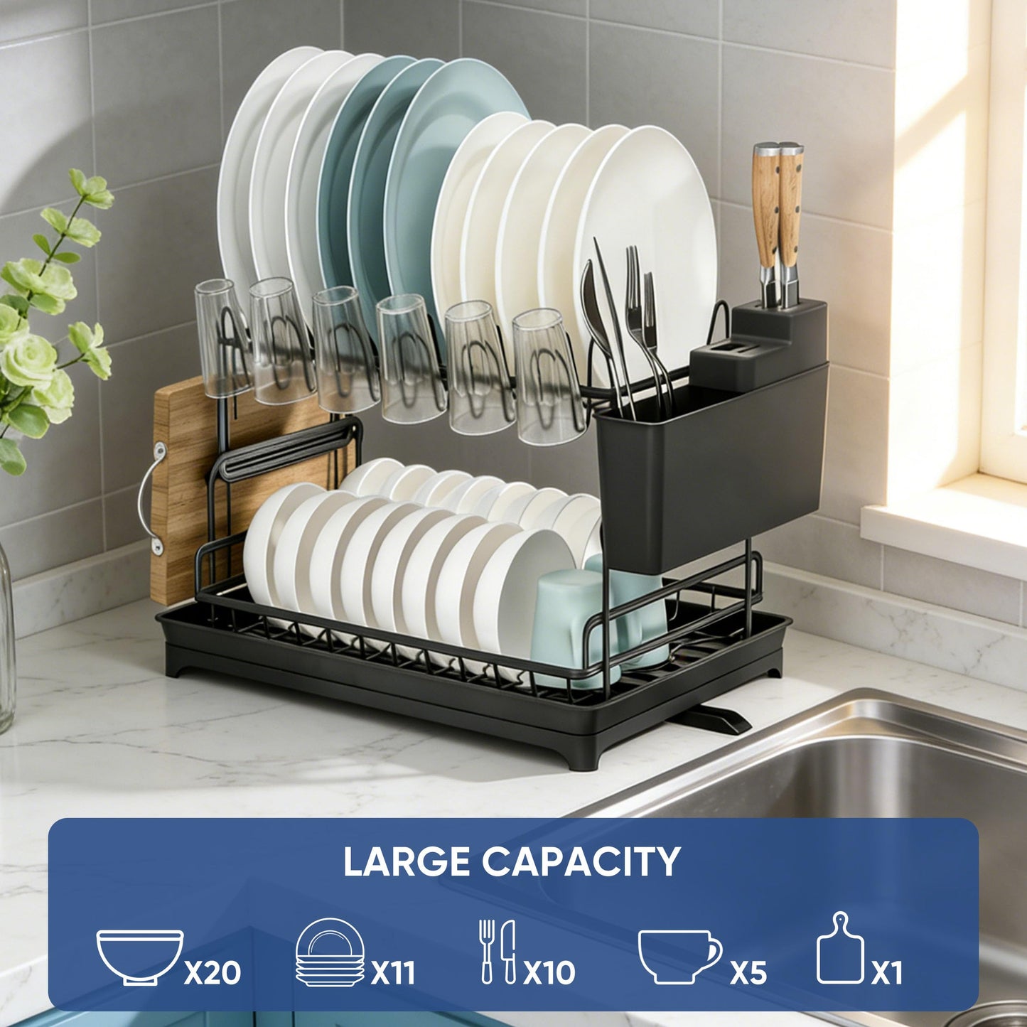 Veinvify 2 Tier Dish Drying Rack Carbon Steel Screw Free with Drainage Board Kitchen Counter Plate Bowl Utensil Holder Space Saving Black