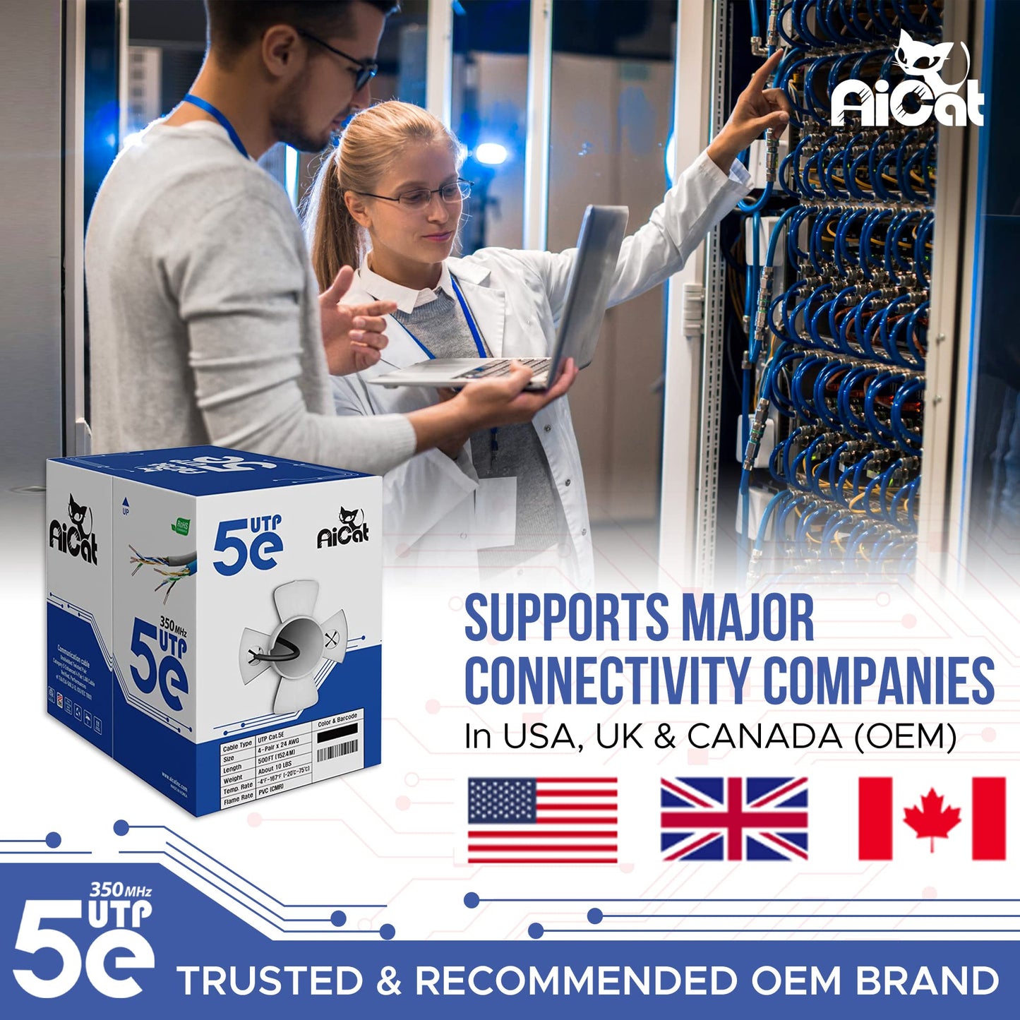 AiCat Cat5e Outdoor Ethernet Cable Direct Burial Unshielded Riser CMX Rated 500ft, UV Resistant 24AWG Solid Bare Copper, 350MHz, UL Listed, Twisted Pair UTP, Waterproof, Bulk Ethernet Cable - Black