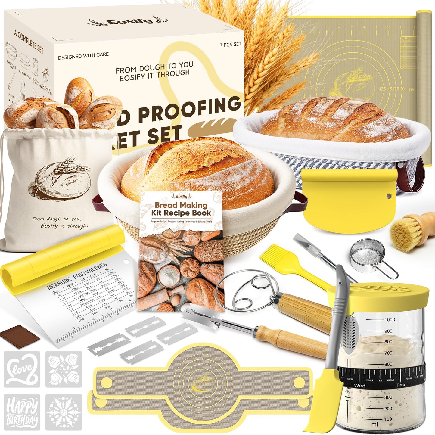 Sourdough Bread Starter Kit – Complete Sourdough Kit with Cotton Banneton Proofing Basket, 34oz Sourdough Starter Jar & Sourdough Tools – Sour Dough Starter Kits Gift for Bakers Beginners Moms