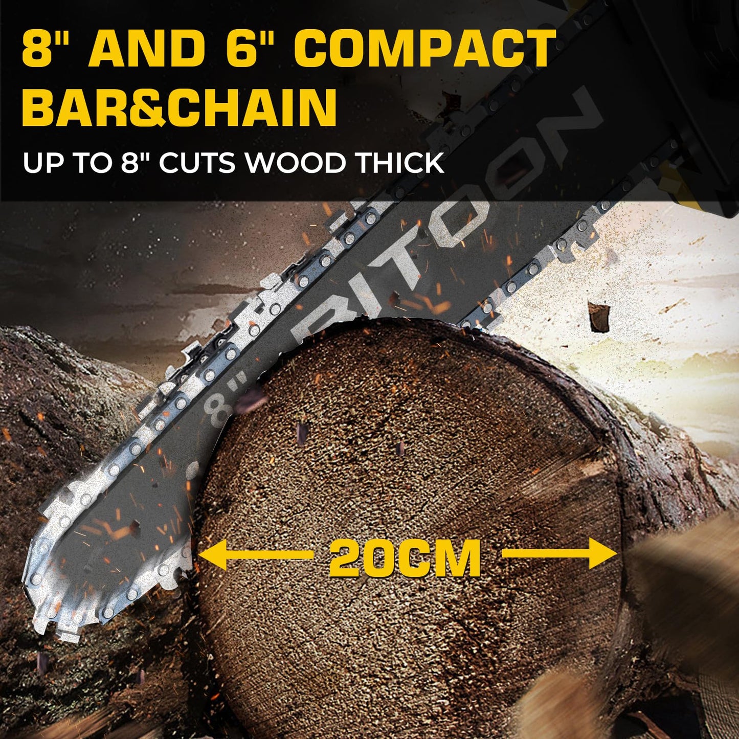 BITOON 8-Inch Mini Chainsaw with 2PCS 3.0Ah Battery and Charger, Auto-Oiler, Brushless Cordless 8-Inch and 6-Inch 2-in-1 Pruning Chain Saw, Portable Electric Chainsaw for Cutting Wood, Branches Yellow