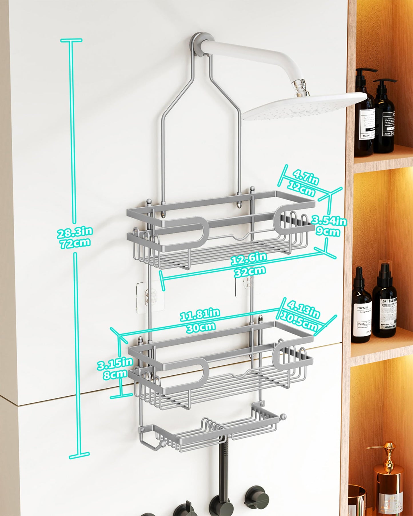 HapiRm Shower Caddy Hanging - 3 Tier Over Head Shower Caddy No Drilling, Bathroom Organizers with 2 Soap Holder & 12 Hooks, Bathroom Shelf Organizer for Shampoo, Soap, 12.6 x 4.7 x 28in