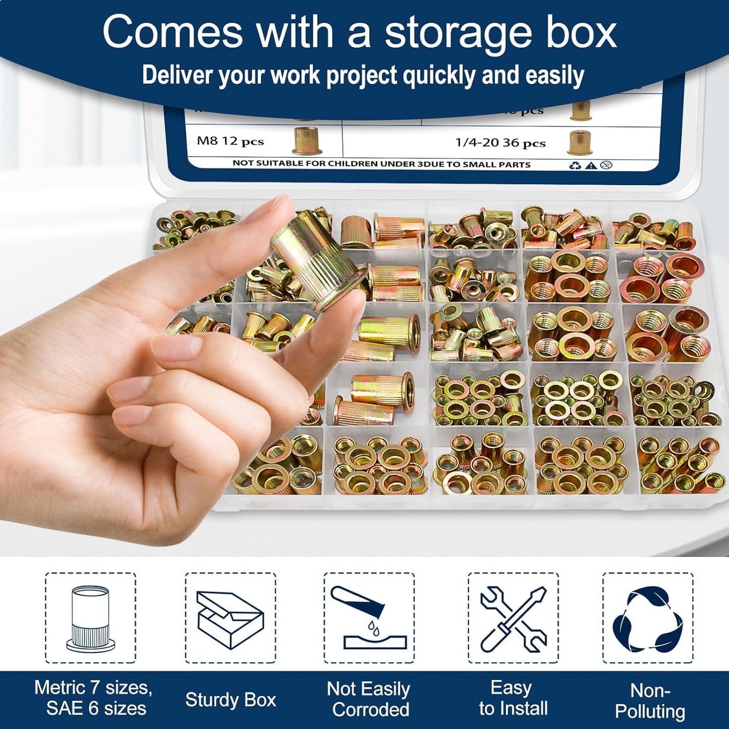 Vifmy Metric & SAE Rivet Nut Assortment Kit(420 Pcs),m3 m4 m5 m6 m8 m10 m12#6-32#8-32#10-24 1/4"-20 5/16"-18 3/8"-16 UNC Flat Head Rivnut Set,Zinc Plated Finish Carbon Steel Nutsert