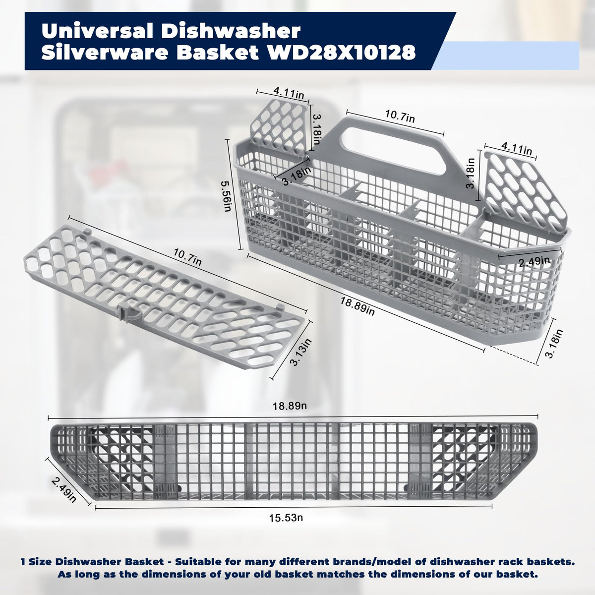 GE Dishwasher Silverware Basket WD28X10128 - 19.7"x3.8"x8.4" - Compatible With WD28X10127 WD28X10131 WD28X10132 1088673 AP3772889 PS959351 AH959351 - Grey, Food Grade