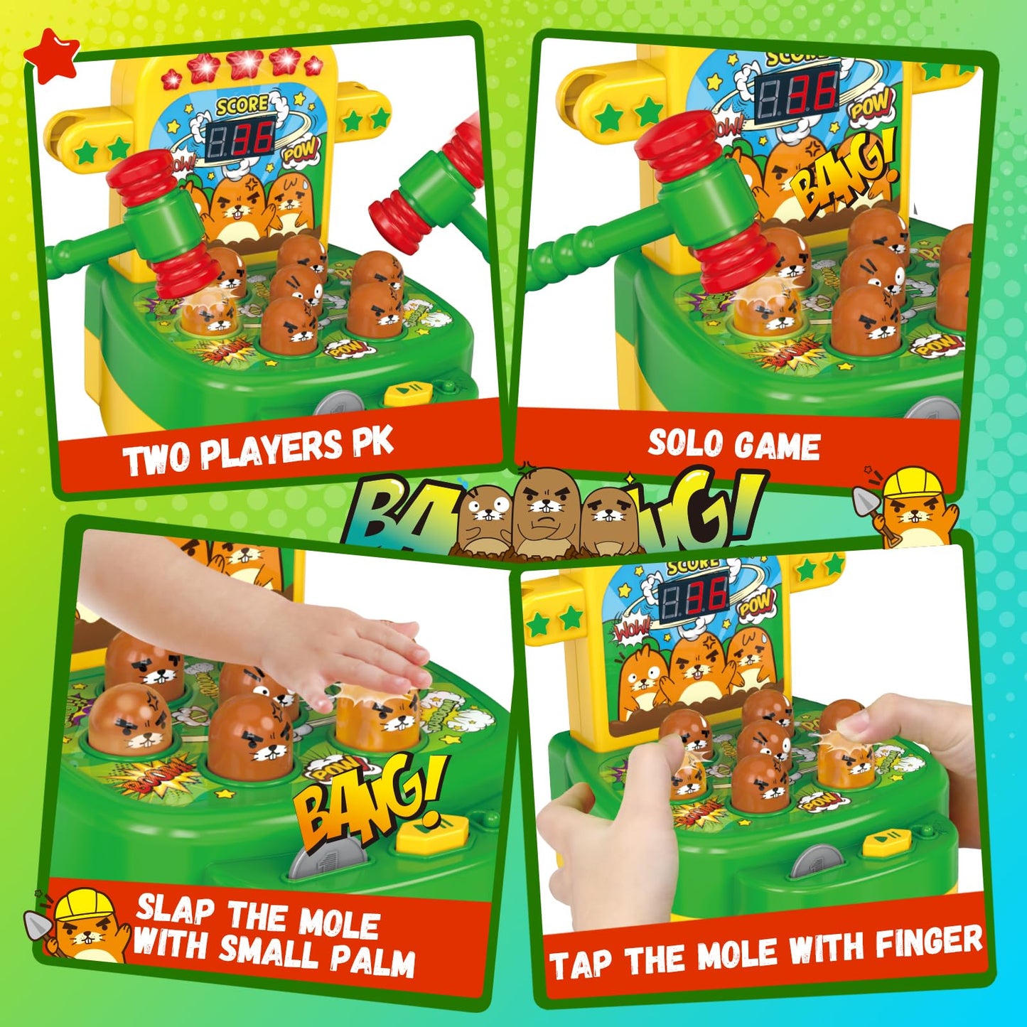 Arcade Game Toys for 3 Year Old, Electronic Mini Interactive Pounding Hammering Toys, Whack Game Mole, Gift Idea for Toddler Kids Girls Boys Ages 3 4 5 6 7 8+, Marmot Toy Cartoon Fun Style (Green)