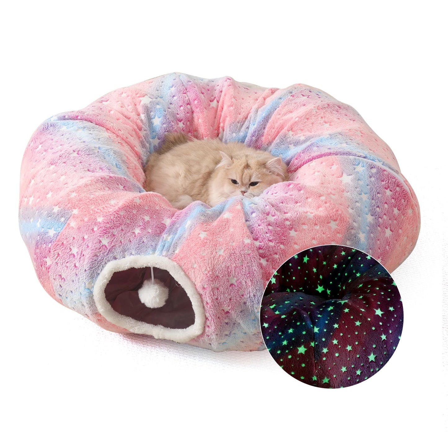 AMYLALA Large Cat Tunnels Bed Tube for Indoor Cats Glows in The Dark Cat Tunnel with Cushion and Plush Ball Toy Longer Playground Toys for Dog Puppy Kitten Rabbit Bunnies Ferret Pet Rainbow
