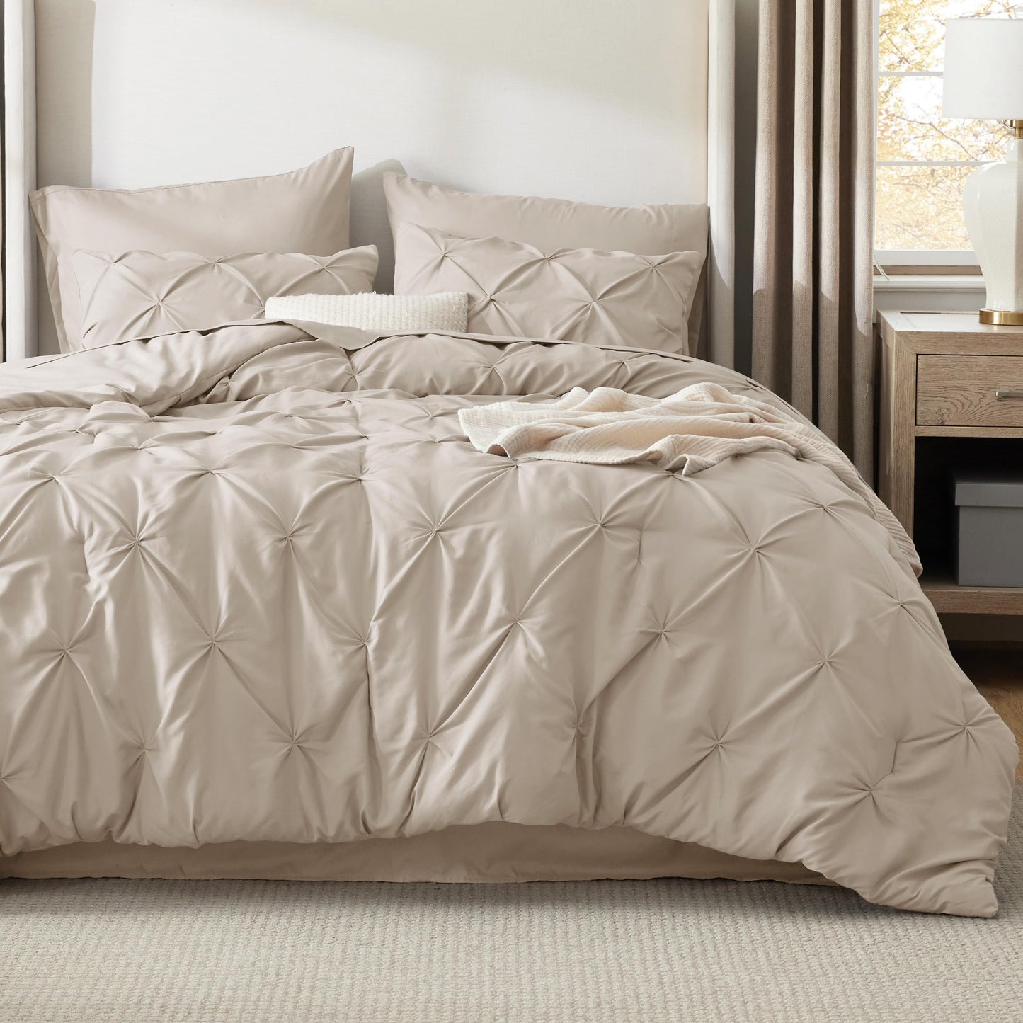 Bedsure Queen Comforter Set Beige - 7 Pieces Bed in a Bag Queen Size, GentleSoft™ Pintuck Bed Set Gift for Family, Pinch Pleat All Season Comforter with Sheets, Pillowcases & Shams