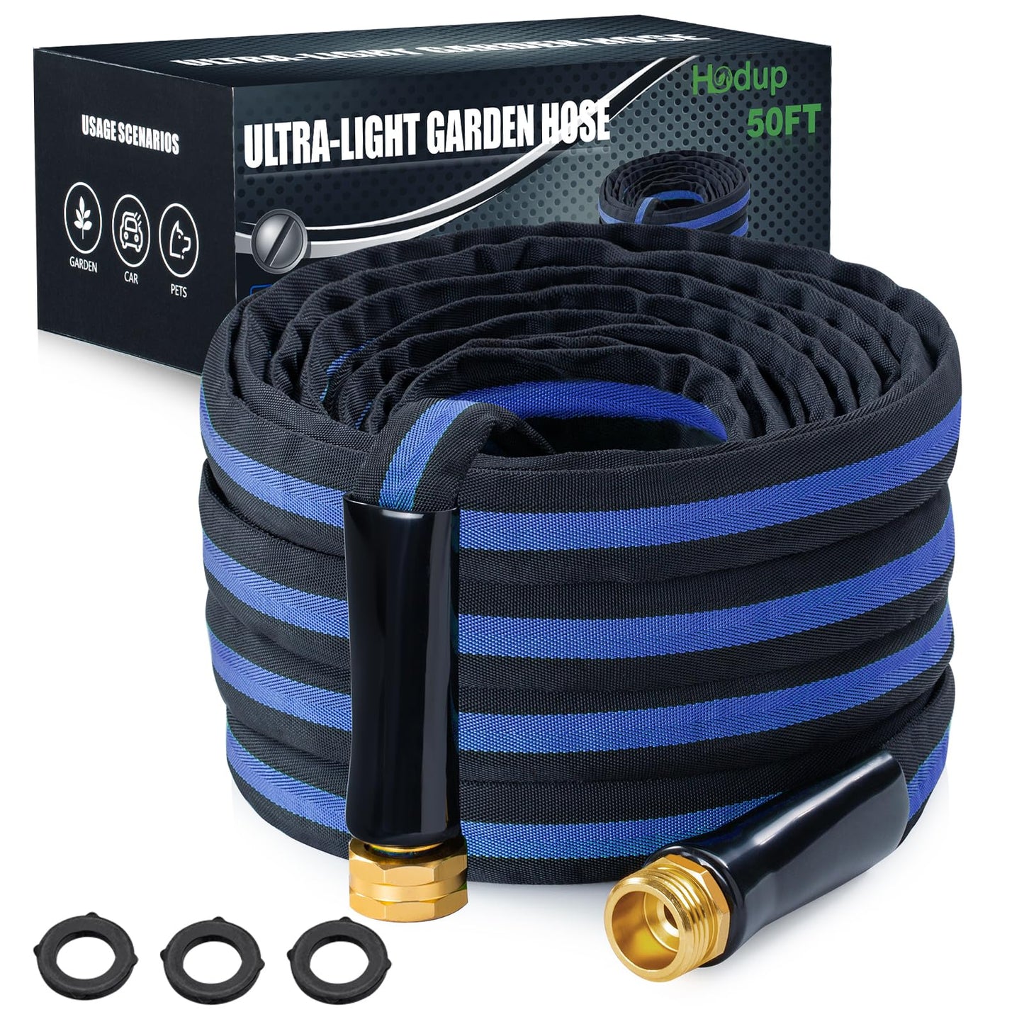 HODUP Ultra Lightweight Garden Hose, Heavy-Duty Kink-Free Flexible, Non-Expanding with Aluminum Brass Fittings, Crush-Proof for Yard/Lawn/Outdoor (Black/Blue, 50 FT)