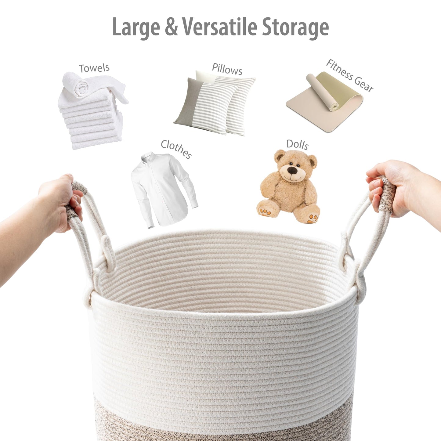 Kodomoore Laundry Basket Hamper – Woven Cotton Rope Nursery Hamper for Clothes, Blankets, Yoga Mat – Boho Basket for Living Room – 16”D x 22”H – White & Beige Brown