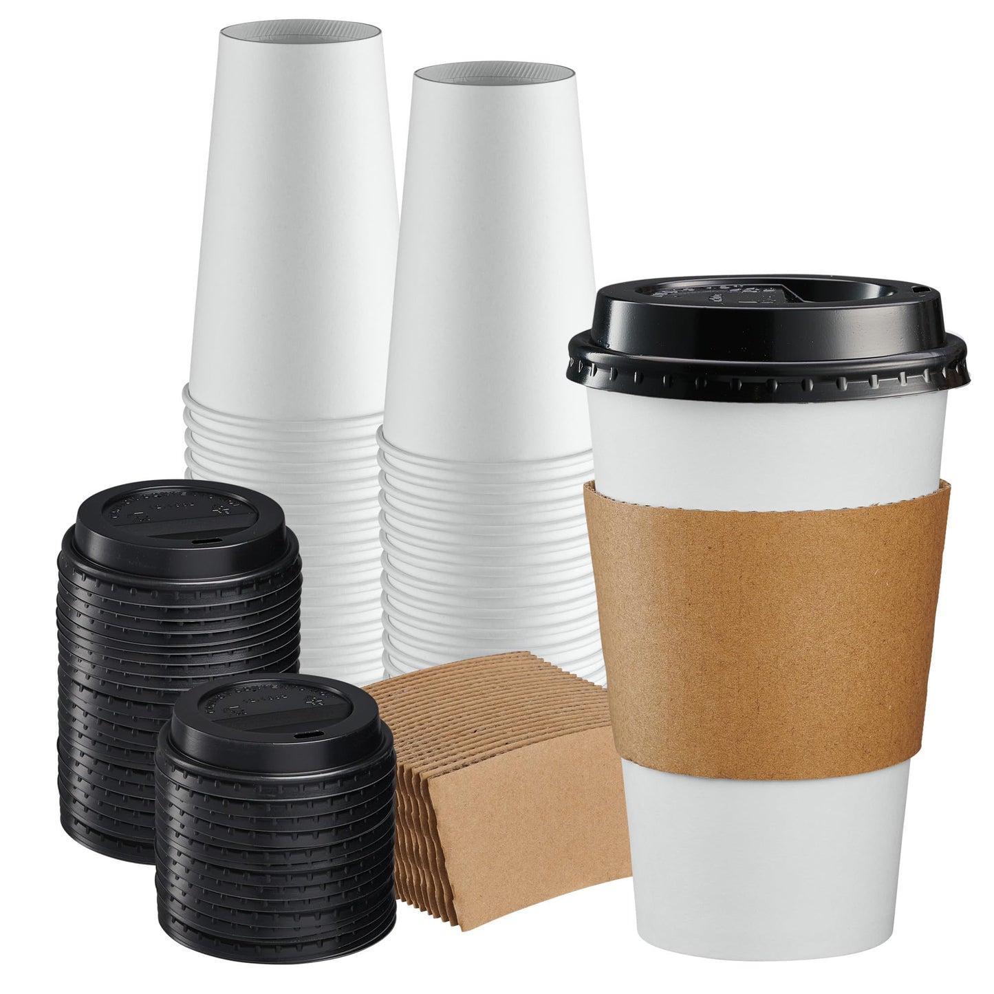 GUSTO [16 oz. - 50 Sets] Disposable Coffee Cups with Lids and Sleeves - to Go Paper Hot Cups for Travel and Office Use - Formerly Comfy Package