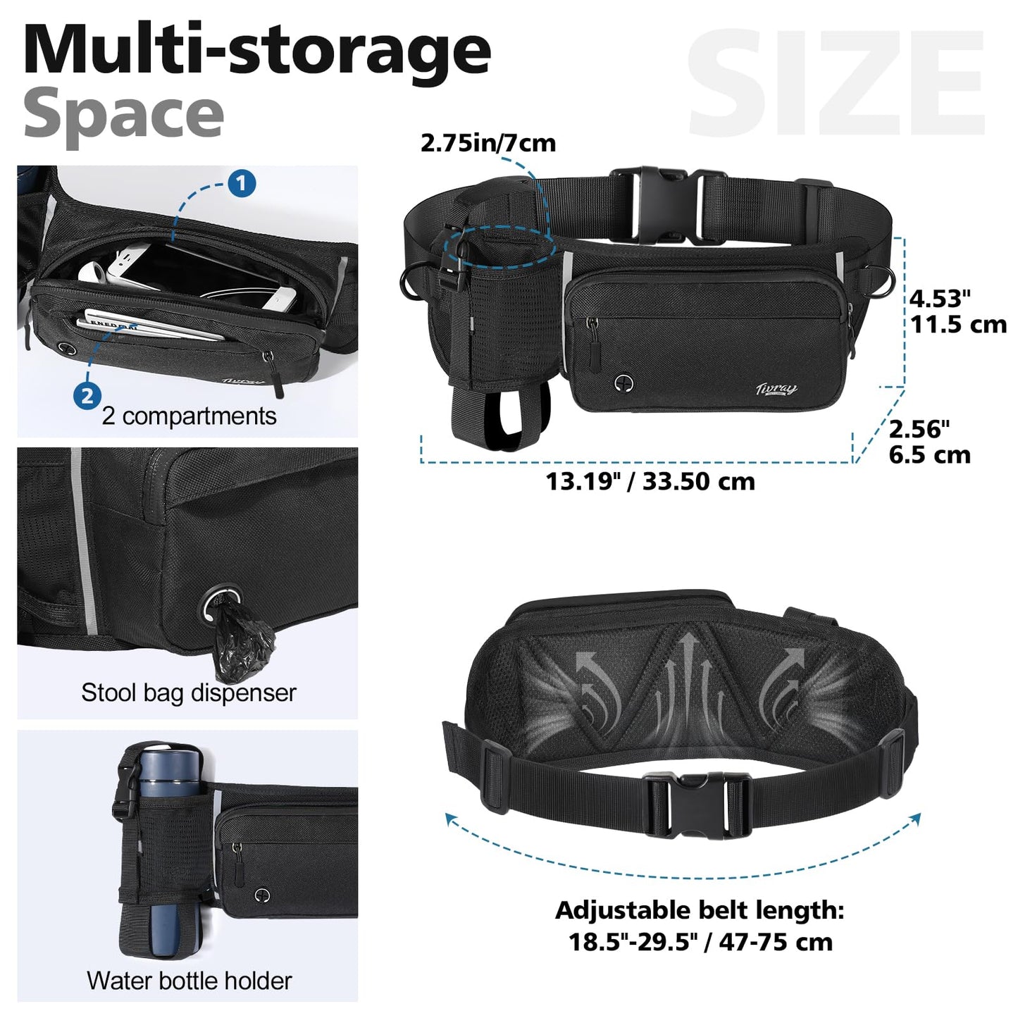 Tivray Hands Free Dog Leash 2 Dogs, Adjustable Waist Leash for Dog Walking with Dual Bungees Padded Handle, Shock Absorbing Hands Free Belt for Small Medium-Sized Dogs Outdoor Activities, Black