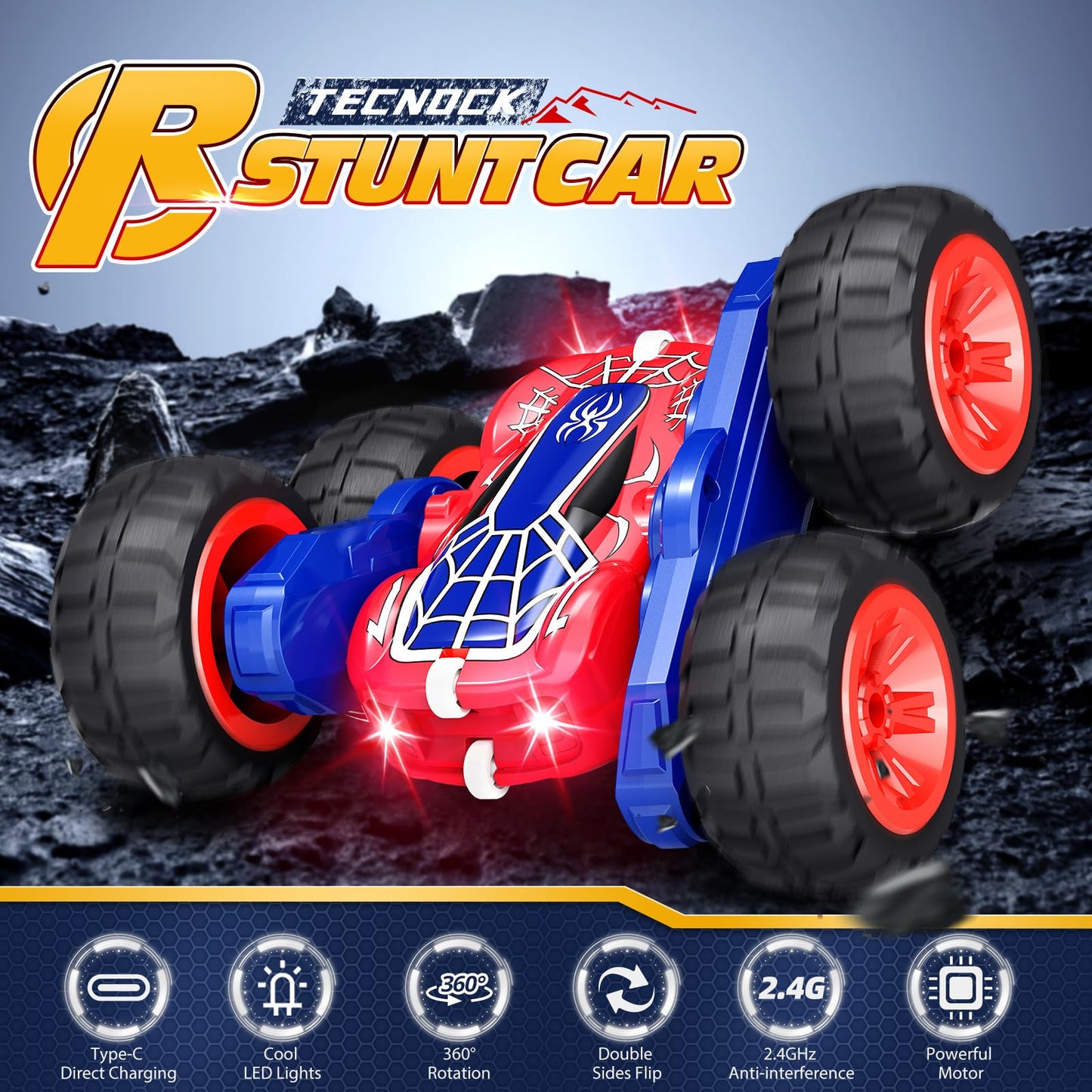 Tecnock Spider Remote Control Cars for Kids, 2.4GHz RC Car with Type-C Easy Charging, 4WD Double Sided 360° Rotates and Flips RC Stunt Car, Toys Gift for Boys and Girls