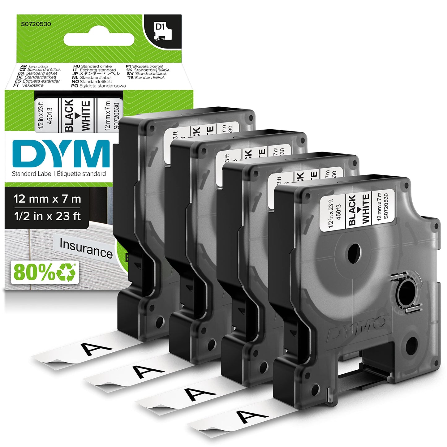 DYMO D1 Labels for LabelManager Label Makers, Black Print on White, 1/2-Inch x 23-Foot Rolls, Self-Adhesive, 4 Count