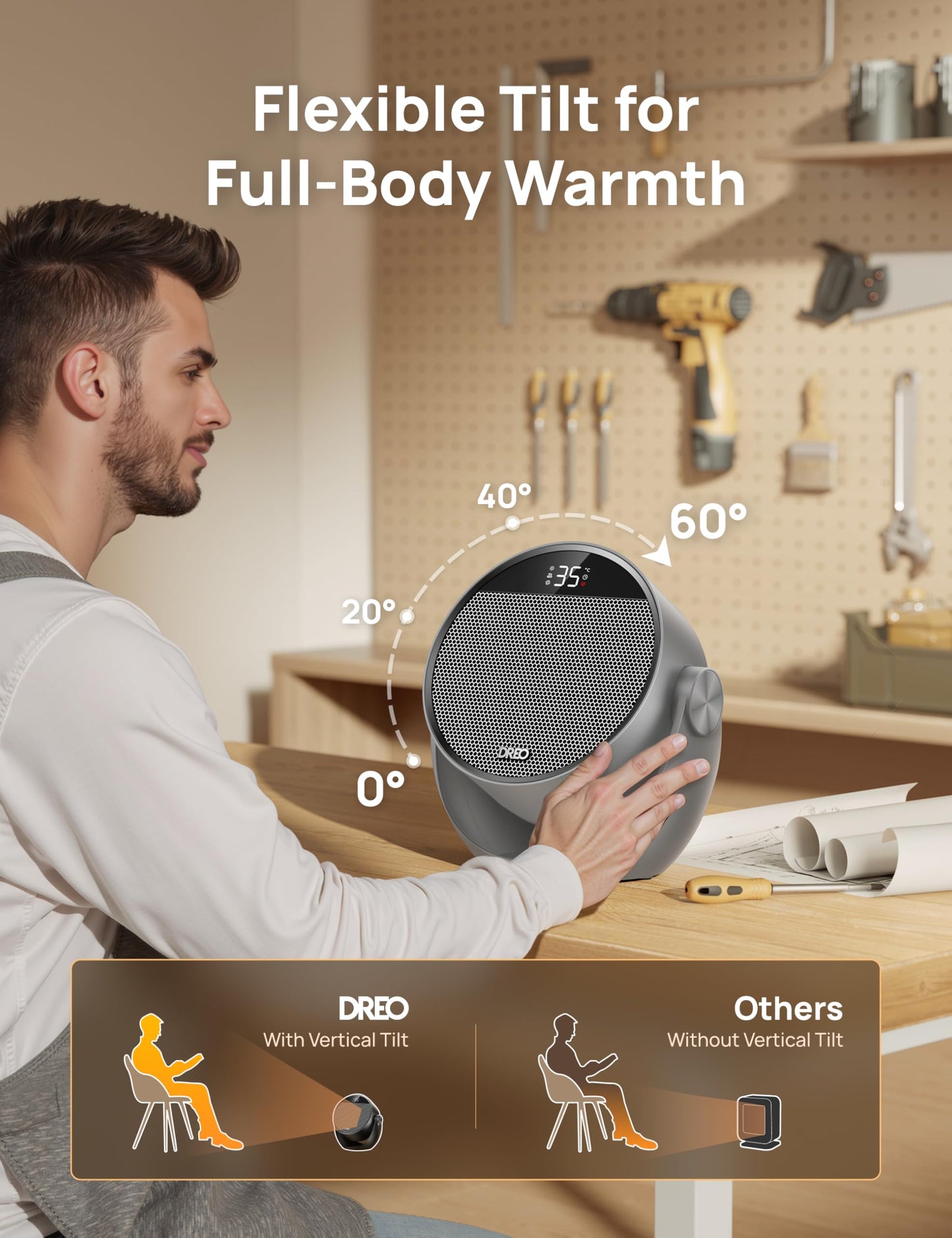 DREO Space Heater 1500W, 60° Adjustable Tilt, 10.5ft/s Portable Electric Heaters for Indoor Use with Thermostat, 8 Safety Protections, 3 Modes, Remote, Quiet Desk Heater for Bedroom, Office, Gray