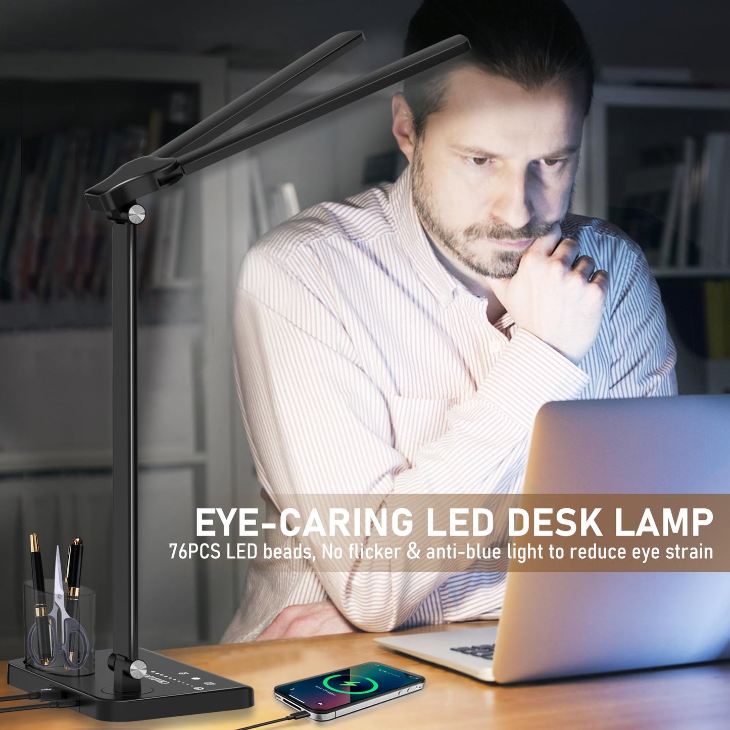 Dimmable LED Desk Lamp with USB Charging Port, 50 Lighting Modes Dual Swing Arm Architect Table Lamp Light Desk Lamp for Home Office Dorm Piano Nail