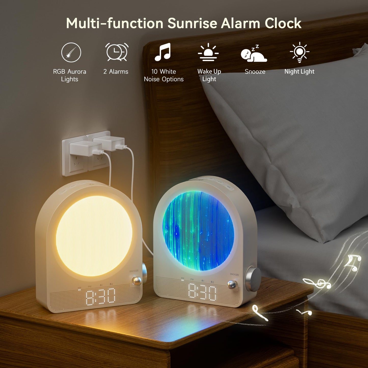 Blonbar Sunrise Alarm Clock, Wake Up Light, White Noise Machine with 9 RGB Aurora & Meteor Night Light, 10 Soothing Sounds, Touch Control Stepless Dimmable Bedside Lamp for Kids, Bedrooms