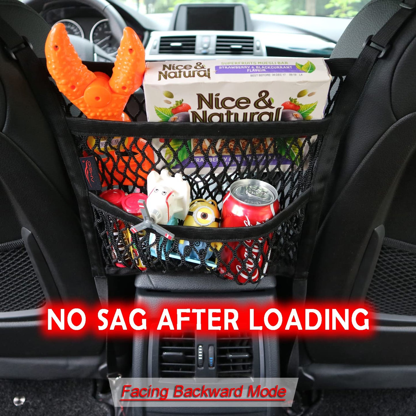 AMEIQ Car Accessories, Organizer Storage Between Front Seats, Purse Handbag Holder of 3 Layers Mesh Net Pocket Bag, Backseat Dog Pet Barrier