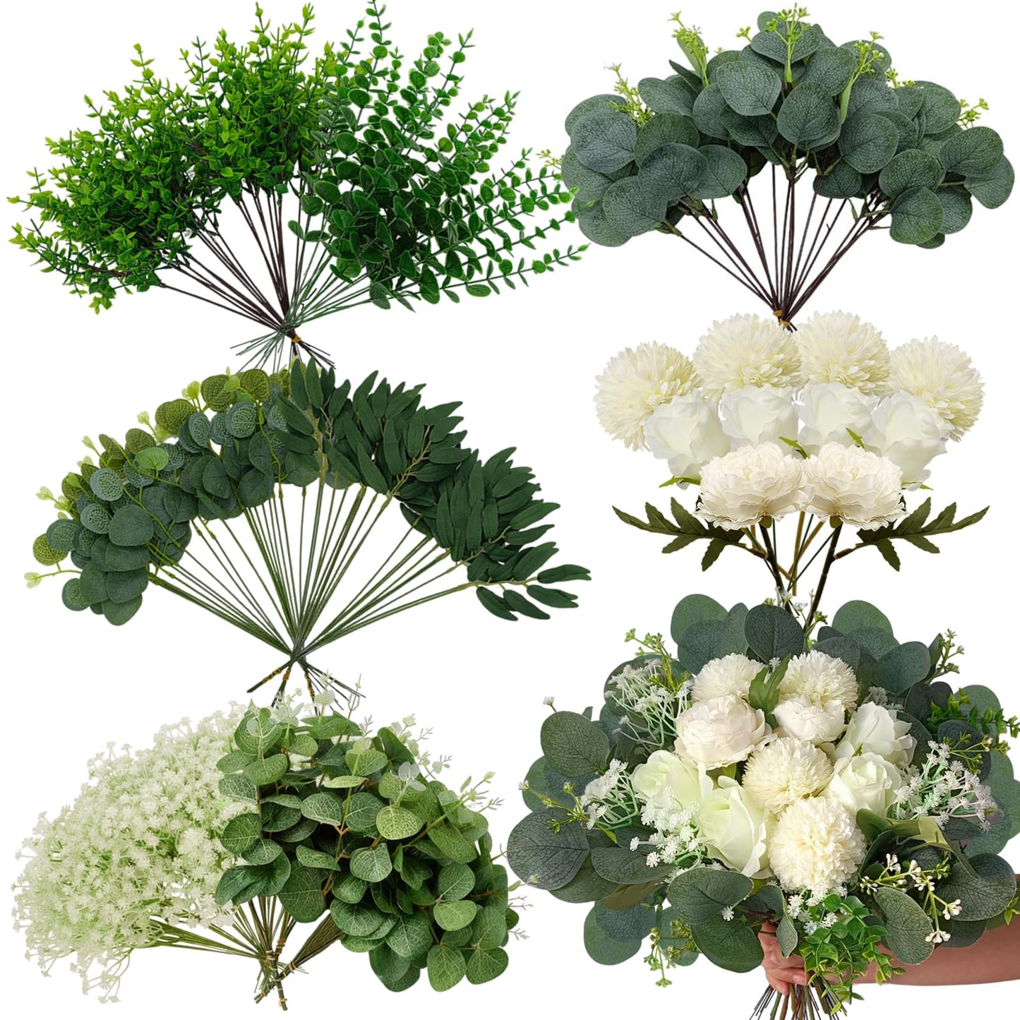 150 Pcs 10 Kinds Artificial Greenery Stems Bulk with Flowers Fake Eucalyptus Leaves Stems Bundle Faux Greenery Plant Branches for Floral Wedding Arrangement Home Decor Vase Bouquets
