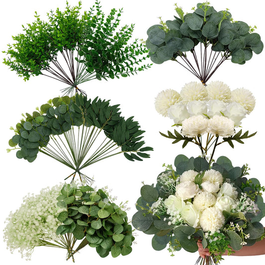 150 Pcs 10 Kinds Artificial Greenery Stems Bulk with Flowers Fake Eucalyptus Leaves Stems Bundle Faux Greenery Plant Branches for Floral Wedding Arrangement Home Decor Vase Bouquets