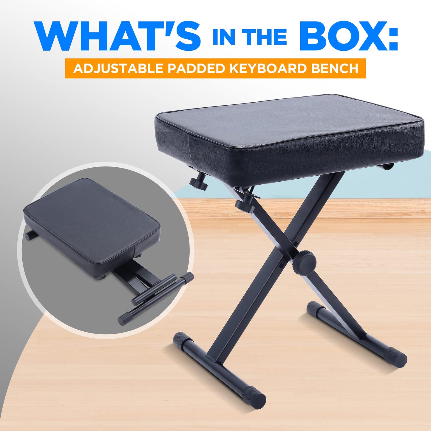 Pyle Adjustable Keyboard/Piano Bench, Padded X Style Bench, Foldable Collapsible Musician Stool with Non-Slip Rubber Feet, 3 Height Positions- for Musicians, Players & Performers-Adults, Teens, Kids