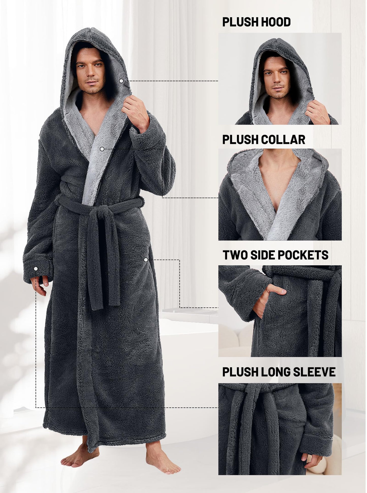 Hellomamma Mens Long Robes with Hood Full Length Hooded Bathrobe Fleece Plush Fluffy Housecoat Nightgown Grey X-Large