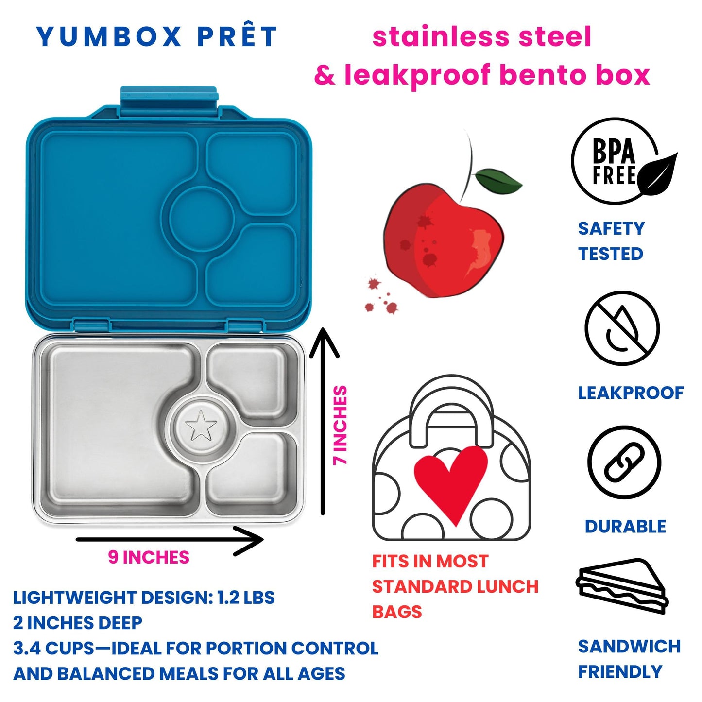 Yumbox Prêt Stainless Steel Bento Box – Leakproof, Reusable Lunch Container for Kids & Adults – Sandwich & Snack Friendly, BPA-Free, Durable Food Box (Normandy Blue)