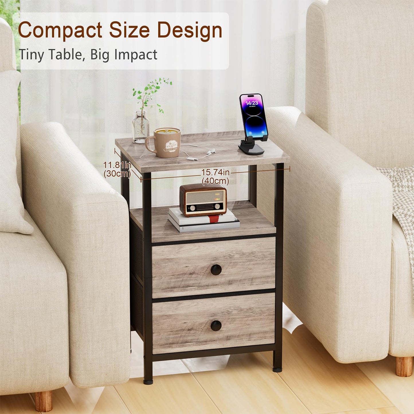 LOAKEKEL Night Stand, Bed Side Table with 2 Fabric Drawer for Living Room, Nightstand with Large Storage Space, End Table with Shelf for Bedroom, Grey, HETS002GY-1