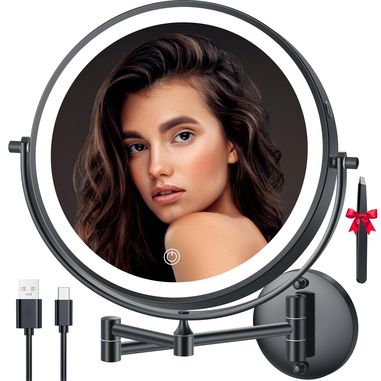 Auxmir 5000mAh Rechargeable Wall Mounted Makeup Mirror, 1X/30X Double Sided Magnifying Bathroom Mirror, 10" Lighted Vanity Mirror with 3 Color Modes, Touch Dimmable, 360° Swivel Extended Arm, Black