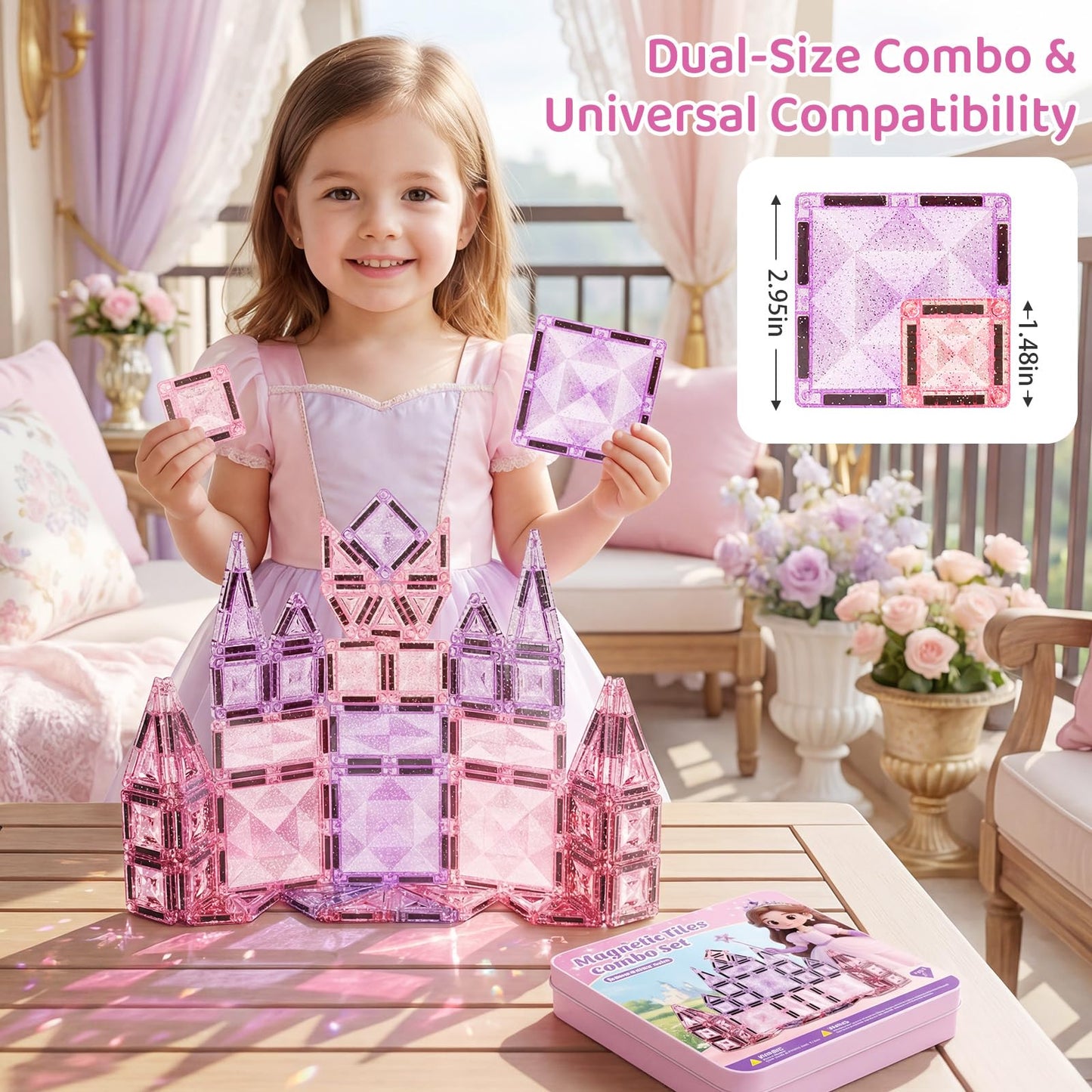 Magnetic Tiles Girls Travel Toy: 42 PCS Pink Glitter Building Blocks Castle Tin Box - 120 Mins Quiet Play 60s Cleanup - Toddler Kids Gift Age 3 4 5 6