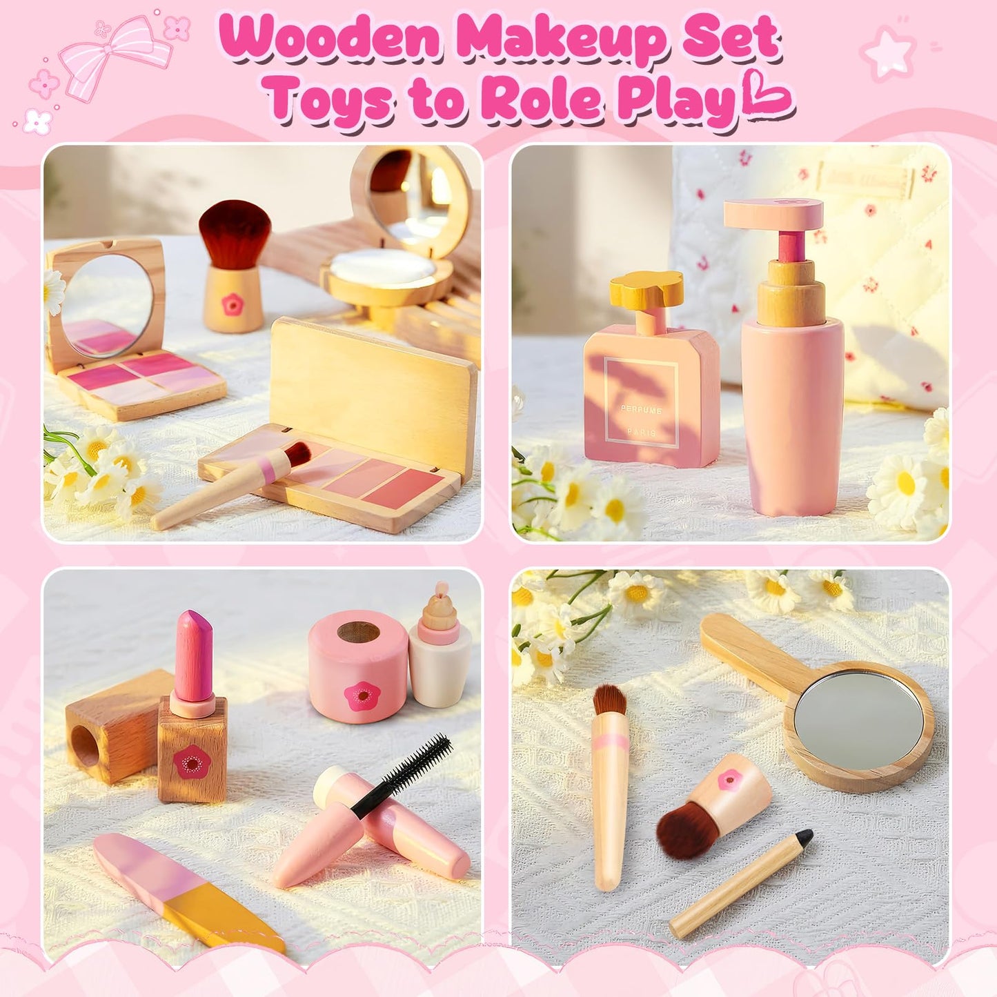 WELIN Wooden Makeup Toy Set, 17-Pieces Toddler Pretend Play Makeup Bag, Role-Playing Toys for Girls Ages 3-8, Perfect Christmas Birthday Gifts for Girls