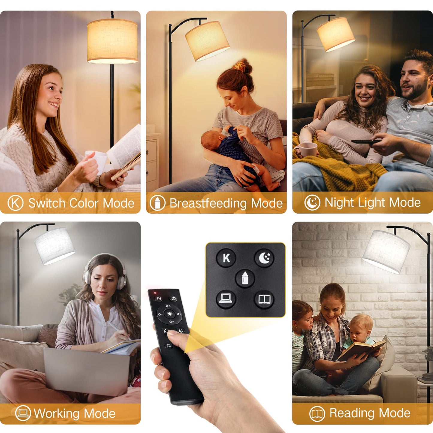 OUTON Arc Floor Lamp with Remote Control, Dimmable & 4 Color Temperatures Adjustable Modern Lamp, 810 Lumens Bulb Included, 1 Hour Timer, Reading Standing Lamp for Living Room, Bedroom, White Shade